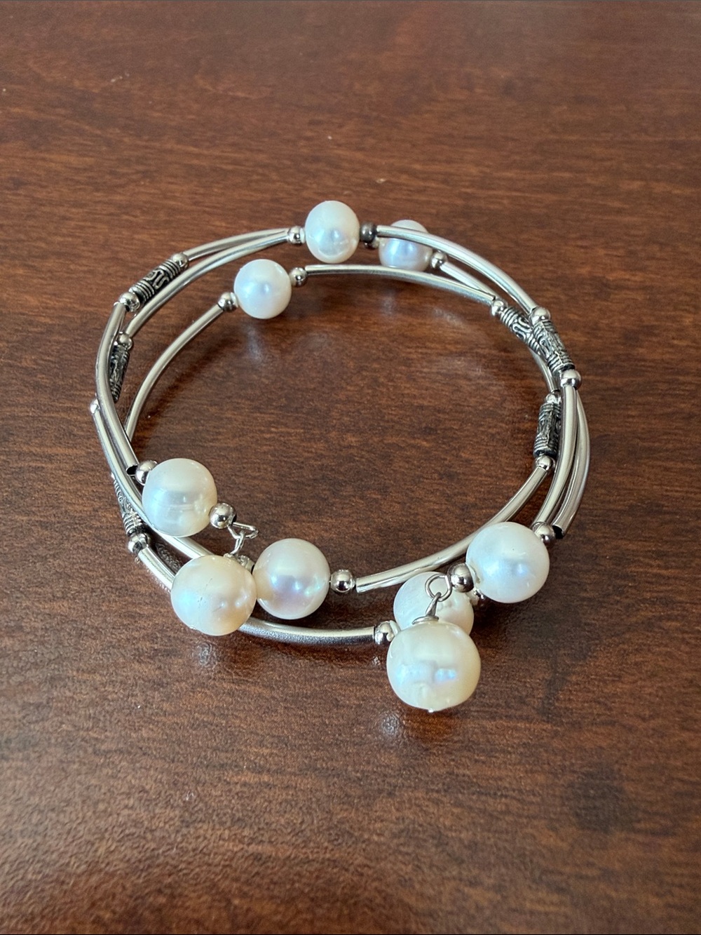Natural pearls wrap bracelet, liquid silver